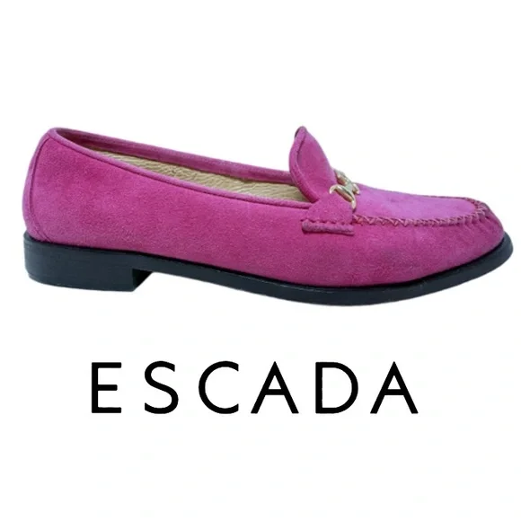 ESCADA | Handsewn Italian Moccasins Loafers Pink Suede Office Career Preppy VTG - Picture 1 of 16